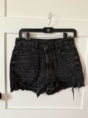 American Eagle High Rise Black Distressed Denim Mom Shorts